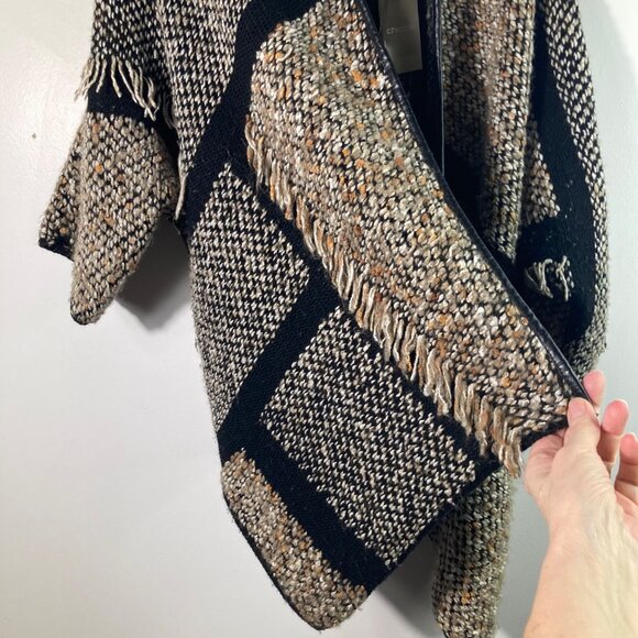 Chicos Wool Blend Fringe Tweed Kinsley Cardigan Sweater M Black Neutral - Picture 4 of 11